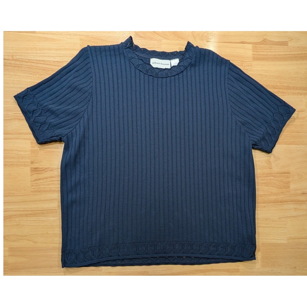 Alfred Dunner Navy Blue Ribbed Pointelle Knit Short Sleeve Top XL Made in USA